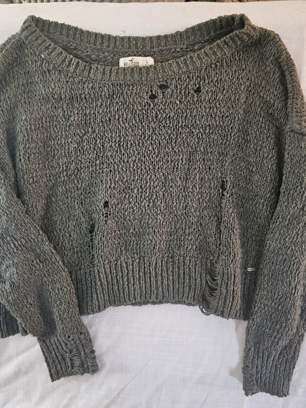 Hollister Distressed Olive Crewneck Knit Sweater